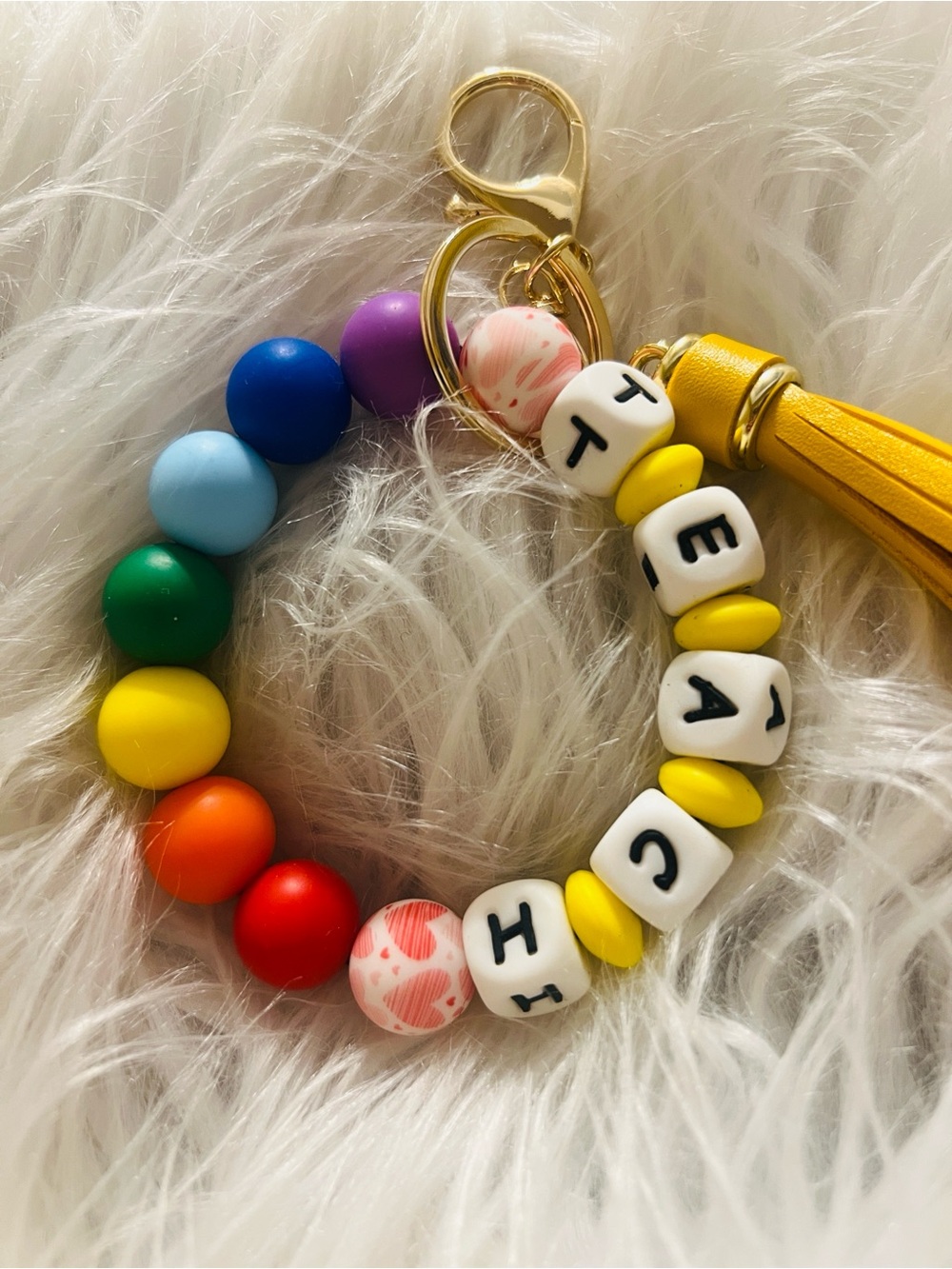 Teacher Yellow Tassel Rainbow Bead Keyring - Picture 3 of 4